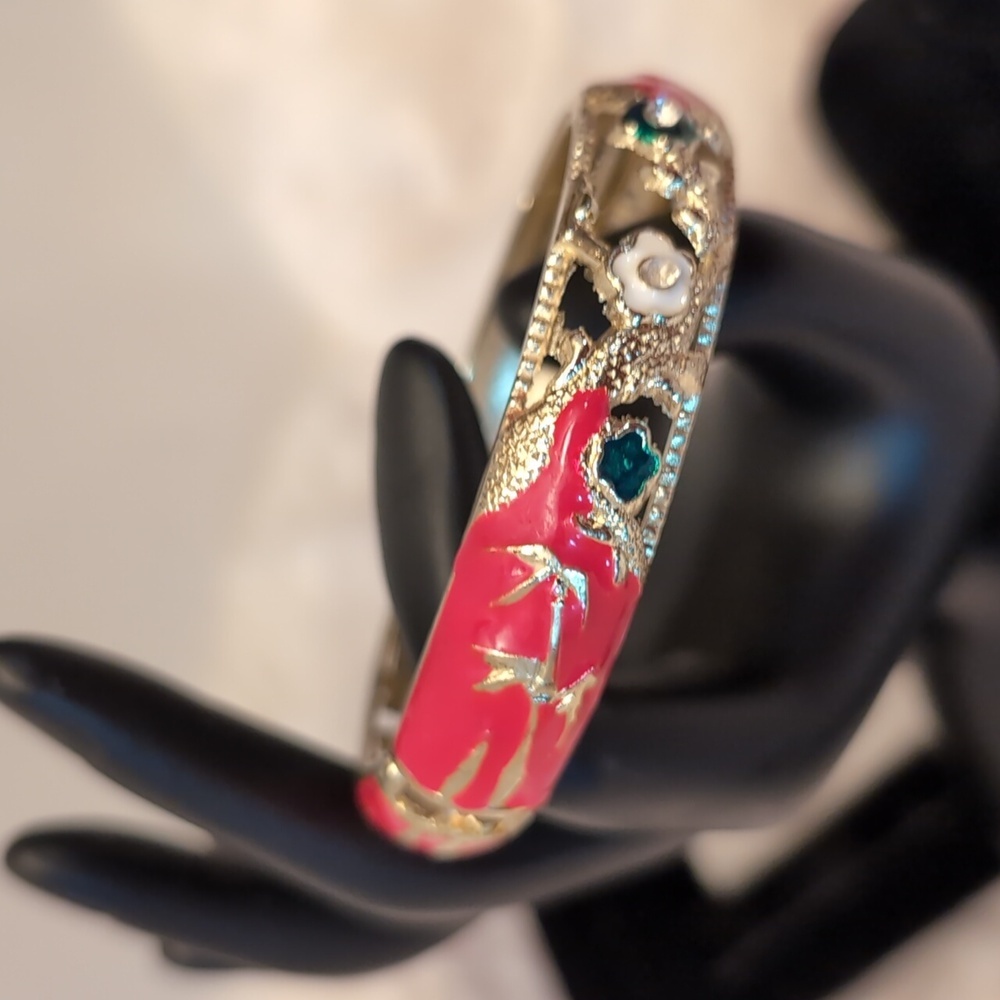 Gold Toned Multicolor Enameled and Stoned Bracelet With Nature Floral Theme